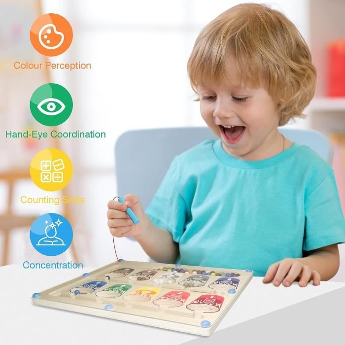 Labyrinthe Magnétique Montessori En Bois – Jeu Éducatif Enfant 3-8 Ans, Puzzle Couleurs Et Réflexion Avec Stylo