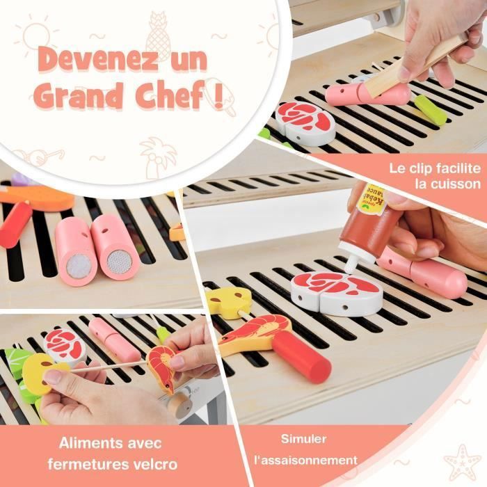 Cuisine Enfant Bois 2-en-1 COSTWAY – BBQ + Tableau Noir, 25 Accessoires, Étagère Rangement, Jouet Imitation 3 Ans+