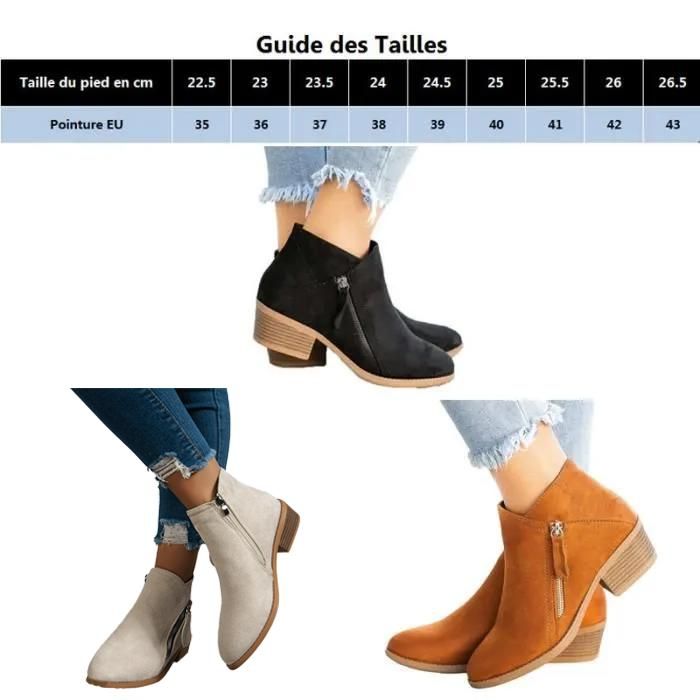 Bottine Femme Bout Rond Boots Femme Talon Carre en Suede Double zipper Courts Bottes Femme Noir