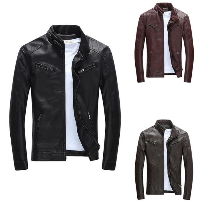 Blouson Homme en Cuir Fashion Casual Slim Fit OEIN Couleur unie Cafe
