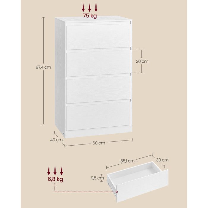 Commode à 4 Tiroirs LIANTRAL En Tissu - Meuble Rangement Blanc Cassé Pour Chambre Et Dortoir