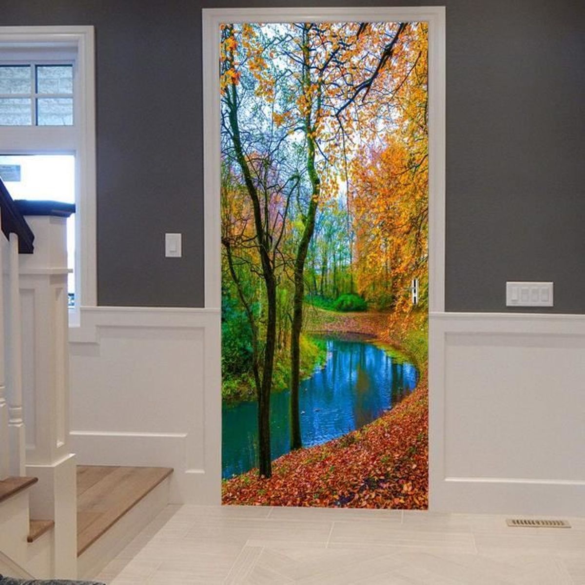 Autocollant Mural Grand Format Pour Porte - Design "Promenade En Forêt" - 75 Cm X 205 Cm - Tulup - Moderne