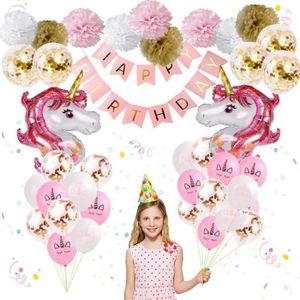 BOUGIE ANNIVERSAIRE Décorations Anniversaire Licorne - Déco de Fête - Kit 25 Inclus Ballons Filles Banderole Bannière Joyeux Anniversaire Pompons