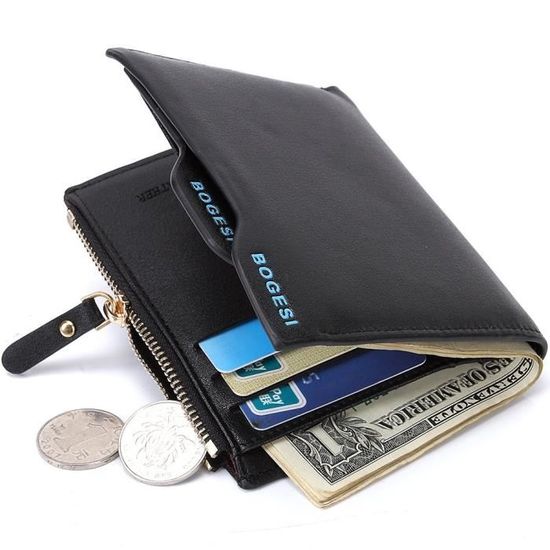 3 Pcs Porte Monnaie Homme Cuir PU Noir - Mini Portefeuille Compact Avec Fermeture Éclair
