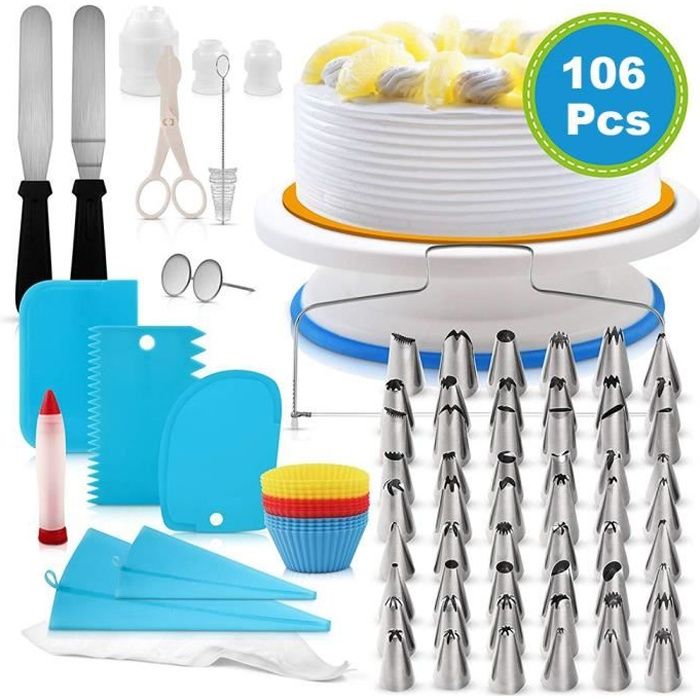 106Pcs Kit de Décoration de Gâteaux, Plateau Tournant 56Pcs Douilles Poche de Pâtisseries, Ustensiles de Pâtisserie pour Bricolage
