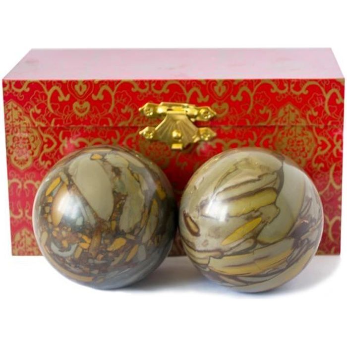 Boules de Santé Chinois Exercice Sain Massage Baoding Relaxation Doigts Cadeau Pierre Originale Naturelle 5cm Bambou Motif Cyan