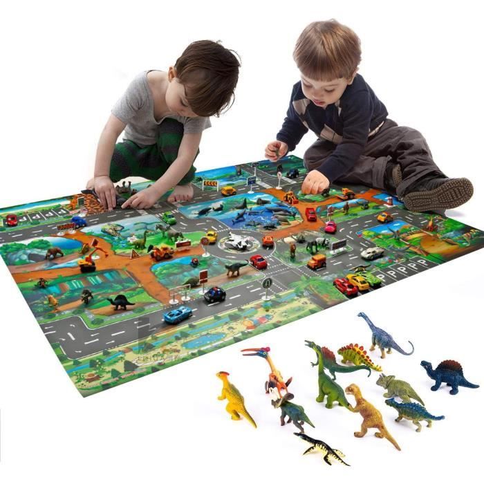 Tapis de Jeu pour Enfants Dinosaure Ultra Fin Tapis de Jeu en Plastique Activité Dino World 100×130cm avec 12 Jouets de Dinosaures