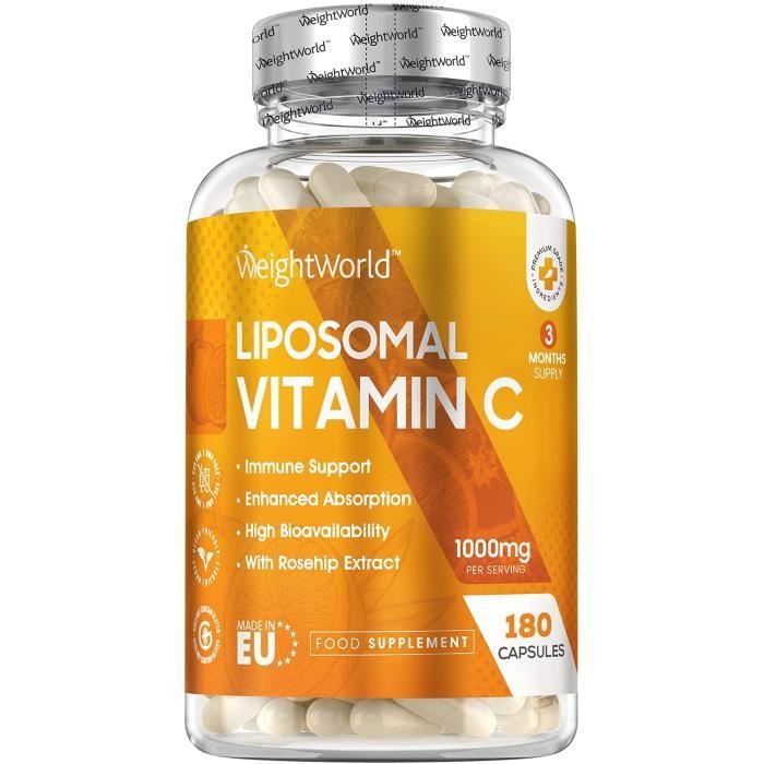 vitamine c liposomale 1000 mg - 180 capsules (3 mois) - testé agrolab - avec de la rose musquée – vegan – fabriqué en eu 302