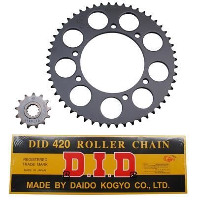 KIT CHAINE POUR MOTO 50CC PEUGEOT 50 XPS 1996 A 2001 420 13x52 (ALESAGE 105mm) -ROUES RAYONS- (DEMULTIPLICATION ORIGINE) -DID