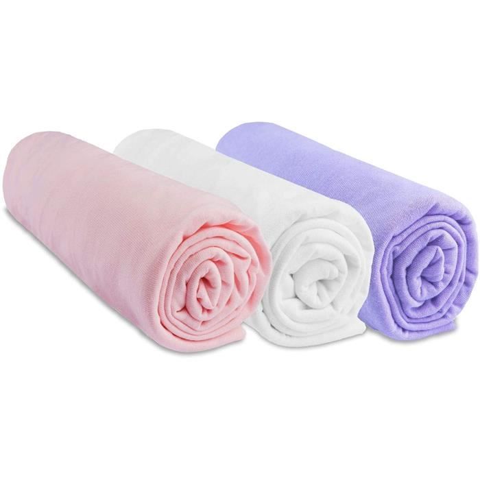 MATELAS Lot de 3 Draps housse Coton pour lit Bébé 70x140 cm - Rose Blanc Parme (marque Easy Dort)674