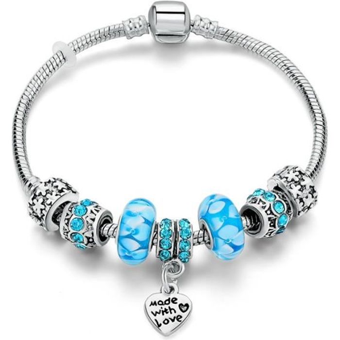 Bracelet de type Pandora Argenté Perles de Verres Strass Cristal Bleu