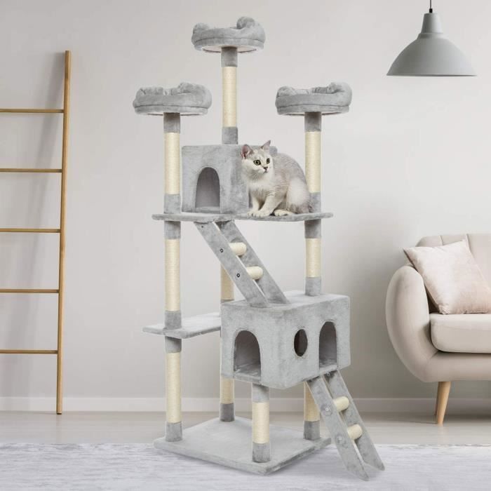 Arbre à Chat - Grande Taille Griffe de Chat Cadre d'escalade de Chat Planche à Gratter Palais de Chat - 180cm - Gris clair - Meervei