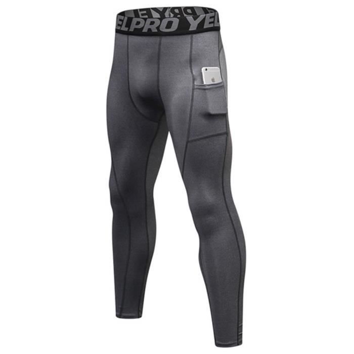 Pantalons de Compression pour Hommes Collants de Sport Leggings Course Séchage Rapide Pantalons de Sport pour Poche Gris