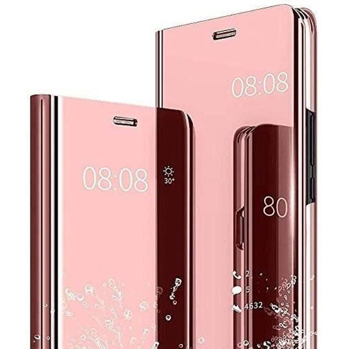 Coque pour Samsung Galaxy A22 5G, Miroir Étui à Rabat 360 Protection Intégrale Clear View Translucide PU Cuir Case Or Rose