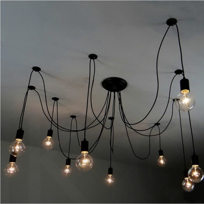 Rétro Noir Lustre Plafonnier Industrielle DIY Créatif Araignée Suspension Filaire avec 10 douilles(pas d'ampoule)