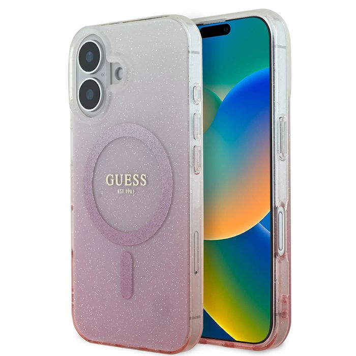 Coque pour iPhone 16 Guess IML Glitter Glitter Gradient MagSafe GUHMP16SHGRCELW