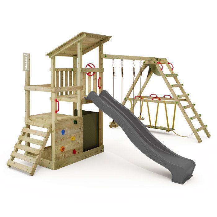 Tour de jeux bois FATMOOSE FruityForest Fun XXL avec SurfSwing et toboggan 220 cm anthracite – 10 ans de garantie*