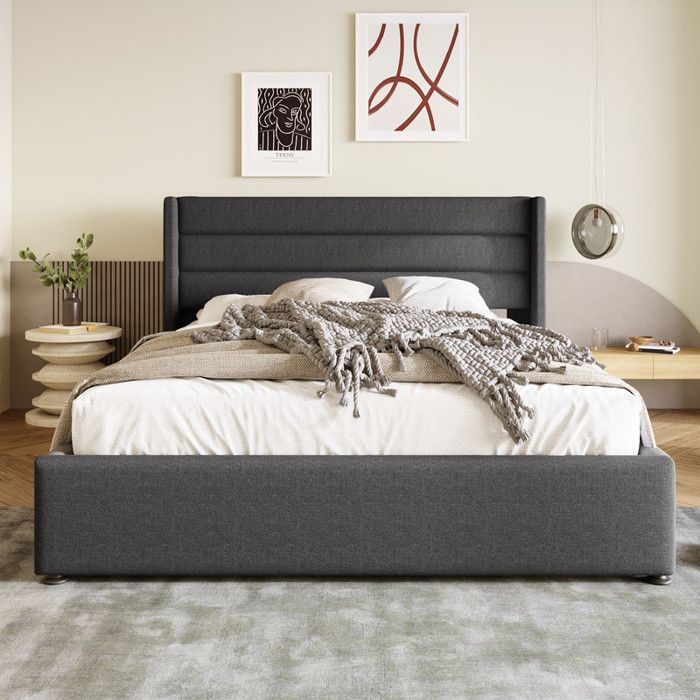 Lit double 140x200 cm - Lin - Gris - Coffre de rangement - Tête de lit rembourrée