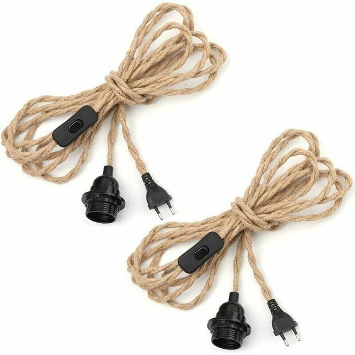 2 pcs Lustre Corde de Chanvre Câble 4.5mDouille E27 Interrupteur avec Fil Cable AmpoulePour DIY Lampe Suspension Lumière Pendante