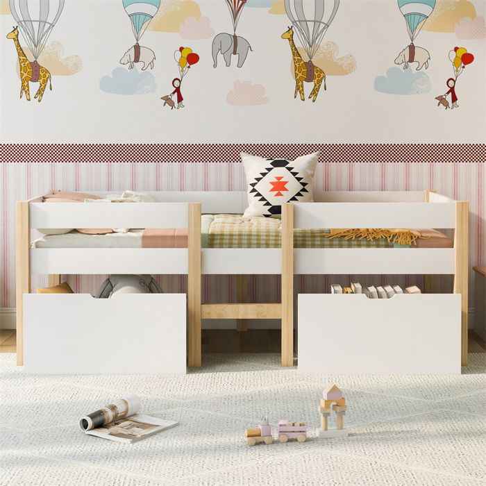 Lit mi-hauteur enfant 90 x 200 cm en pin massif blanc et chêne avec tiroir et barrière anti‑chute