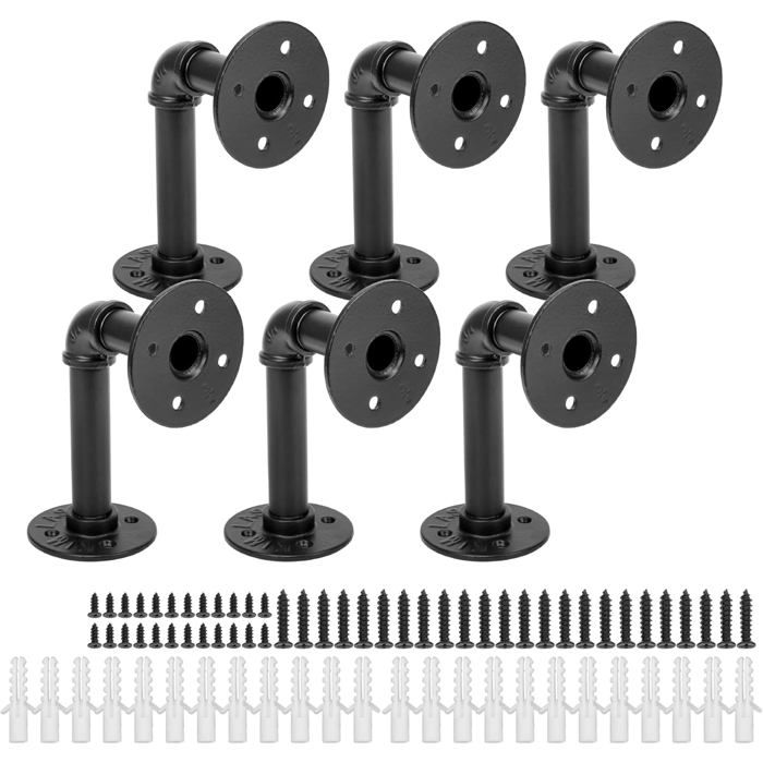 Supports étagère industrielle vintage 15x10x8.5cm lot de 6 brackets tuyauterie noire meuble DIY bibliothèque murale