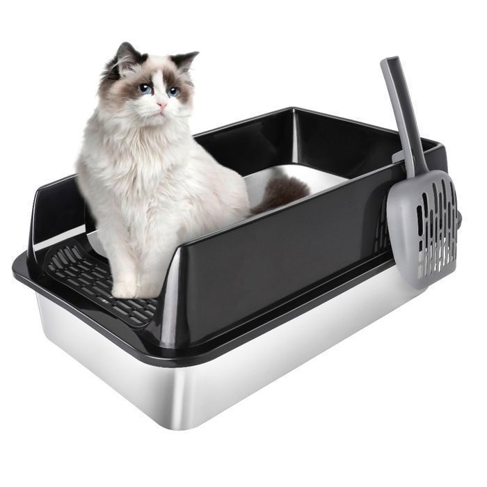 Comparer les prix de Bac à Litière pour Chat en Inox - Avec Pelle à Litière - Semi-Fermés  - Facile à Nettoyer - 40x60x30 cm - Noir