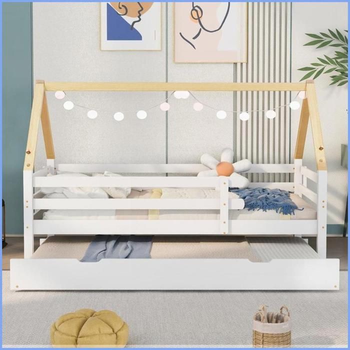 Lit Cabane pour Enfants avec Tiroir Lit Téléscopique - Bois Massif de Pin Blanc &amp  Naturel (90x190/200 cm)