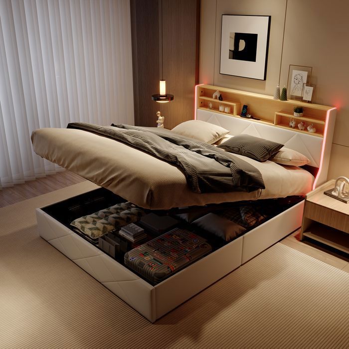 Structure de litSHAODENG160x200 cmavec USBLEDtissu en PUcadre de lit 160x200 cmBlanc