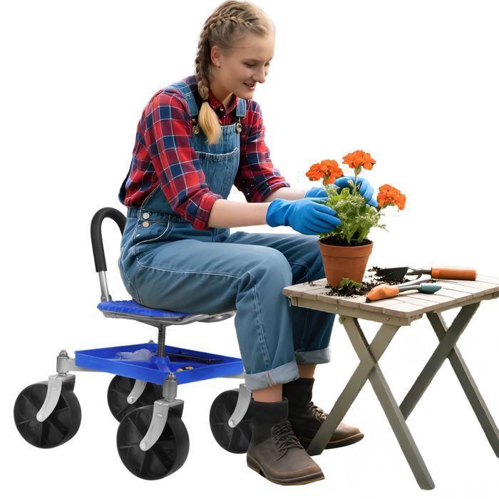 Tabouret roulant de jardin pour travaux horticoles siege reglable en hauteur et roues pour deplacement facile entre plantes