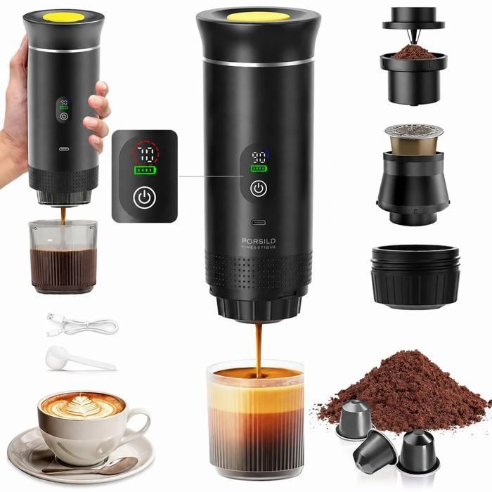 Machine à Café Portable 20 bar 3-en-1 Rechargeable Auto Chauffage en 4 à 6 Min Grandes Capsules Café Moulu