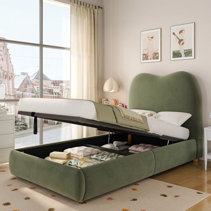 Lit coffre 90x200cm lit rembourré avec sommier à lattes lit enfant lit simple avec tête de lit et espace de rangementboucleVert