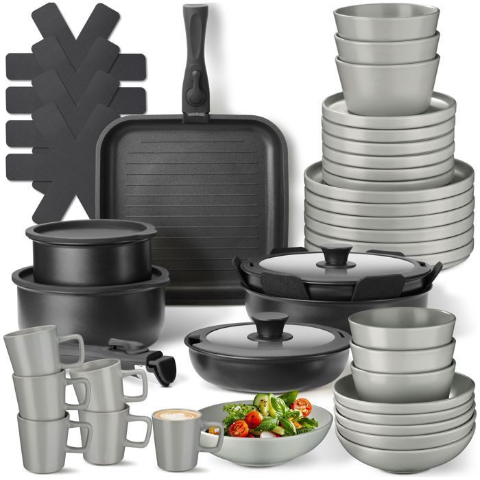 Batterie de cuisine - TECTAKE - Set de cuisine en aluminium inoxydable et grès émaillé pour 6 personnes 47 pièces - Gris/Noir