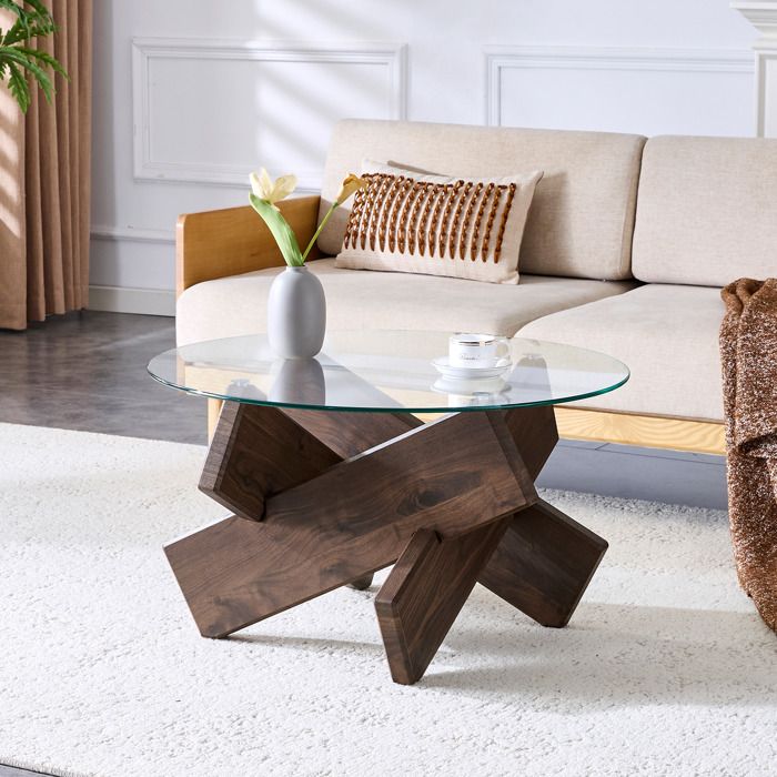Table basse ronde en MDF décor noyer et verre transparent