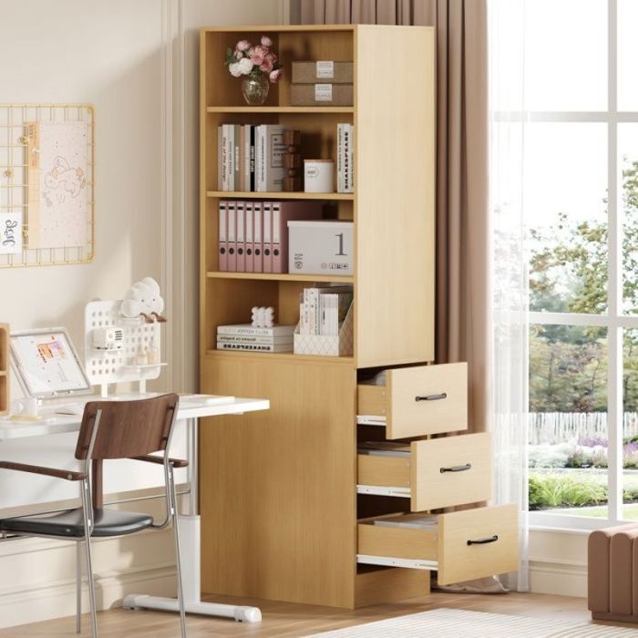 Bibliothèque scandinave étroite et haute 180 cm 4 compartiments ouverts 3 tiroirs montage au choix gauche ou droite