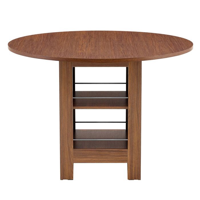 Table à manger ronde 100 cm décor noyer – MDF avec rangements ouverts 4 à 6 personnes