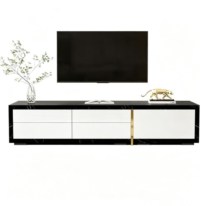 Meuble TV moderne réglable de 140 à 260 cm avec portes blanches brillantes et aspect marbre noir Table Television Banc TV