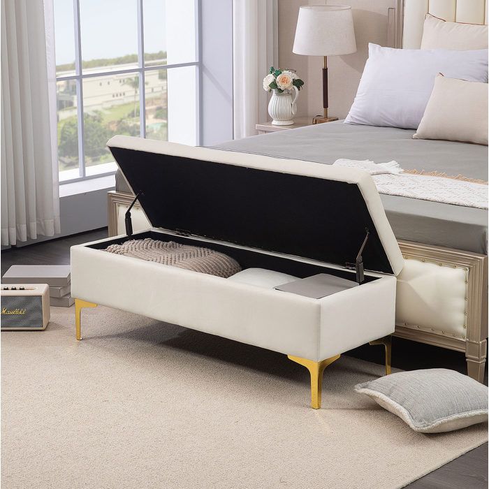 Banquette coffre de rangement EVRYAE 120 x 44 x 44 5 cm aspect velours beige pieds métal doré