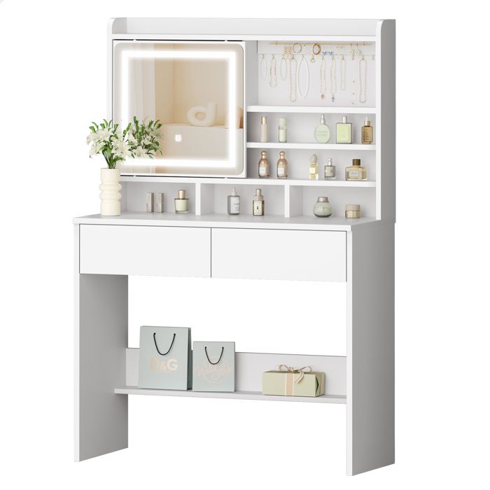 Coiffeuse ALFORDSON avec miroir et éclairage meuble de rangement avec 2 tiroirs et porte-bijoux meuble de chambre blanc