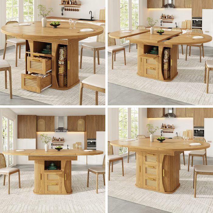 Table à manger extensible ronde 118-158x118x77cm Table à manger ovale 6 personnes avec rangement tiroirs en rotin - naturel