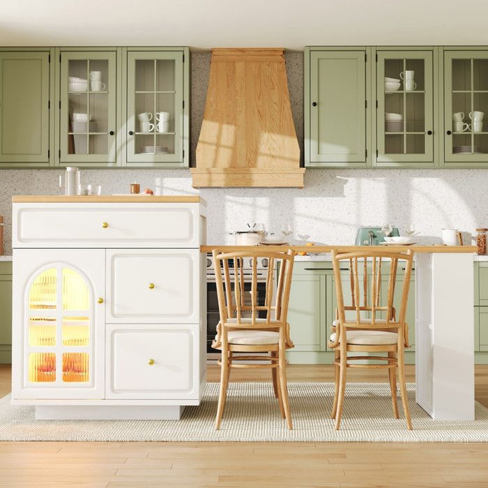 Îlot de cuisine extensible (1225-1955 x 59 x 935 cm) avec éclairage LED 3 tiroirs 2 étagères 1 porte vitrée - blanc