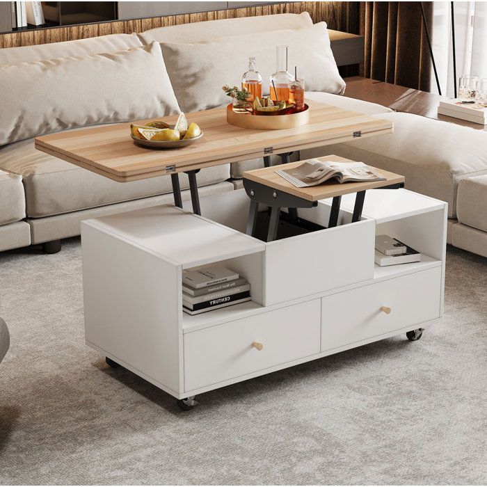 VEVXYN table basse relevable extensible rangement mobile 100 x 50 x 475 cm en MDF blanc et bois naturel avec 4 tiroirs