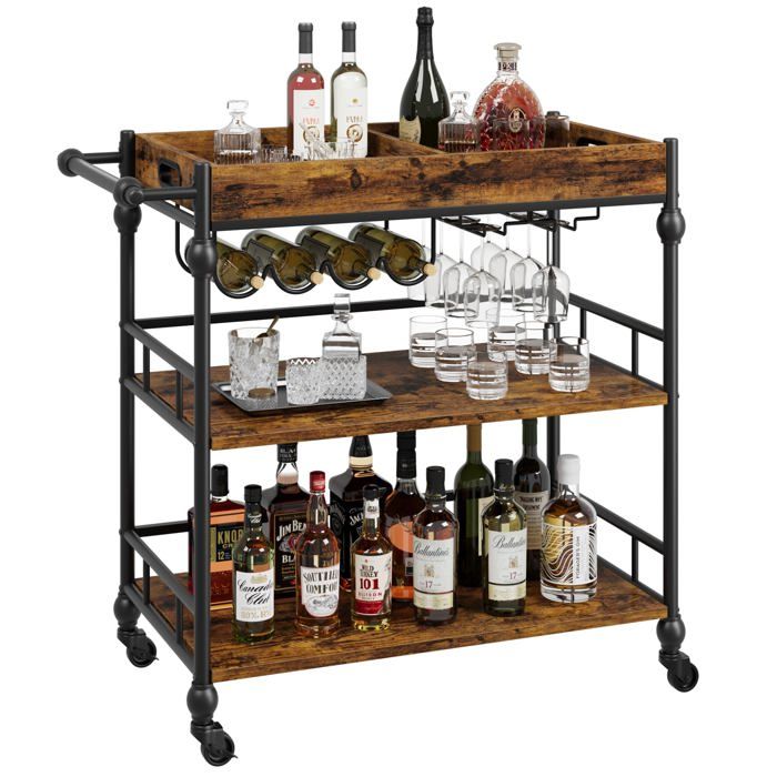 Chariot bar vintage 3 niveaux métal roues porte-bouteilles/verres cuisine/salon