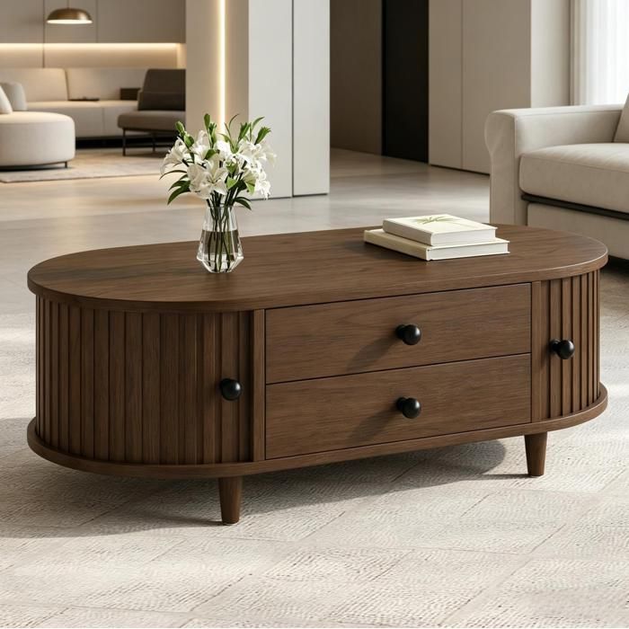 Table basse ovale 100x50x36 cm avec 2 tiroirs portes roulantes MDF et pieds bois coloris walnut VEVXYN
