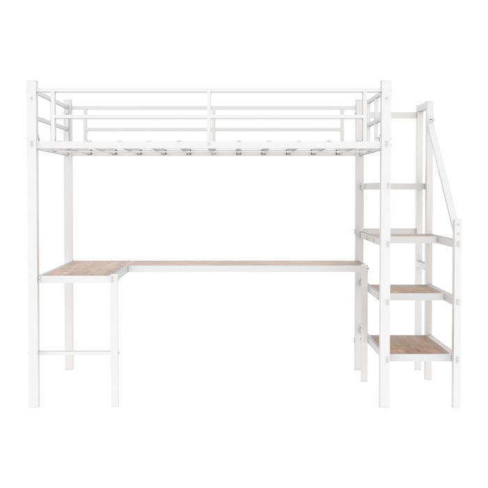 Lit Mezzanine Métal 90x190 cm avec Bureau en L et Étagères - Lit Combiné pour Chambre - Blanc