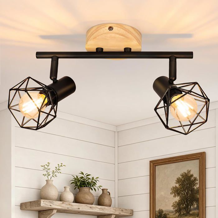 HOMEFIRE - Spot plafond E14 vintage 2 spots orientables 350° bois et métal noir lampe industrielle rétro pour salon cuisine