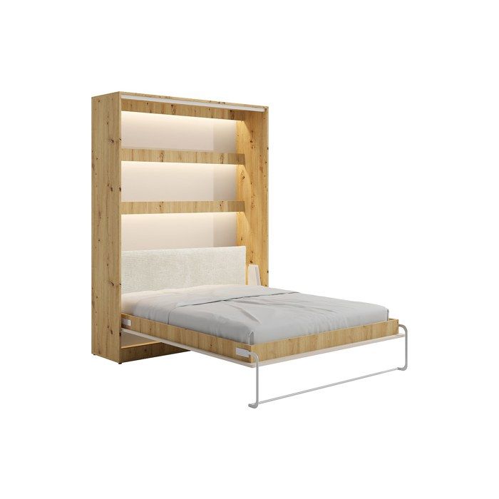 Lit escamotable 160 x 200 cm avec tête de lit en velours côtelé - Ouverture verticale manuelle - Avec LEDs - Beige et naturel -