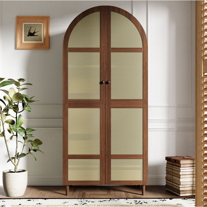 COVREO Armoire 2 portes cintrées cannage décor noyer avec penderie et tiroirs 80 x 50 x 179 cm