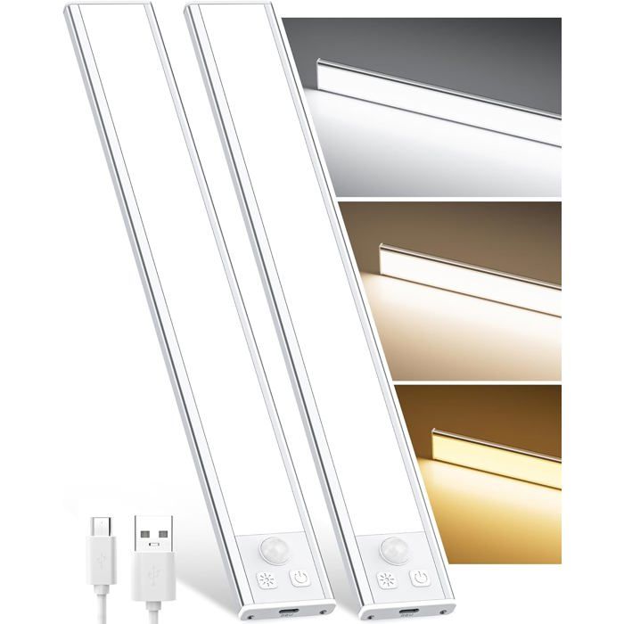 Lot de 2 lampes sous armoire LED rechargeables USB-C détecteur de mouvement intensité variable 3 couleurs 9 mm dépaisseur