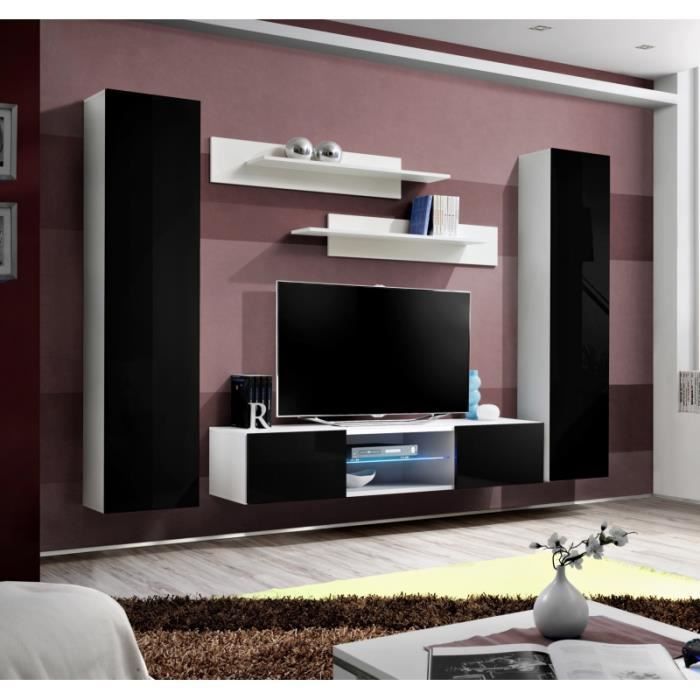 ensemble meuble tv mural - ac-déco - fly o1 - noir - bois - 2 portes - contemporain - design