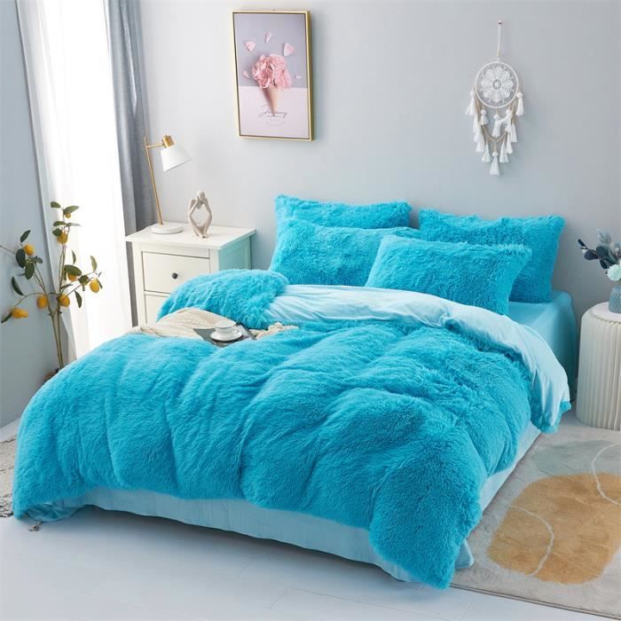 Parure de lit en flanelle moelleuse de 200 x 230 cm Shaggy et peluche - 1 Housse de couette1drap et 2 taie doreiller M